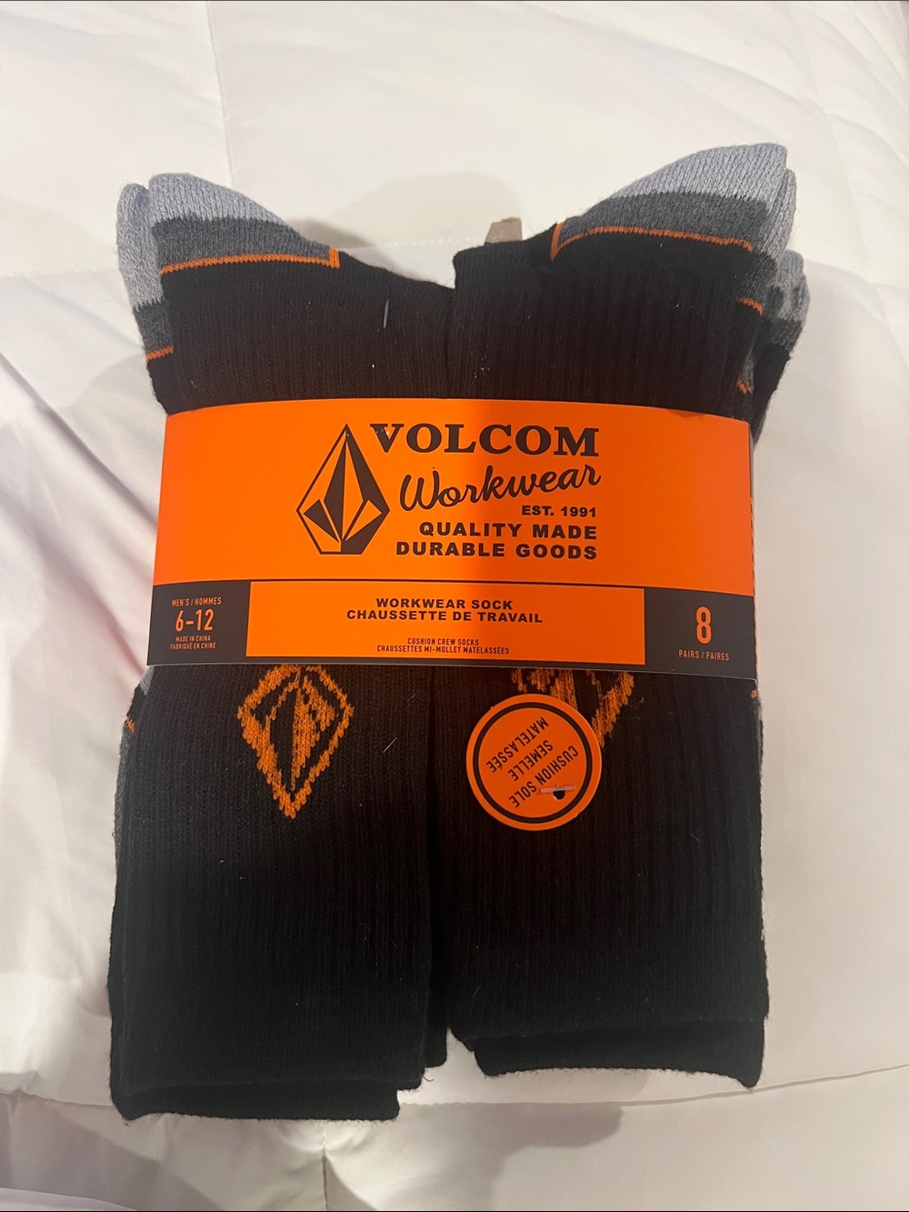 Volcom Black & Gray Workwear Socks with Orange Logo - 8 Pack men’s 6-12